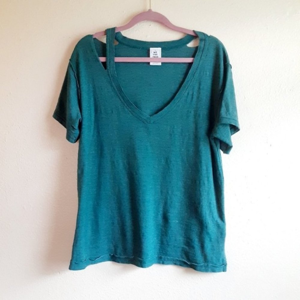 Free People Distressed V Neck Boxy Tee Green Small